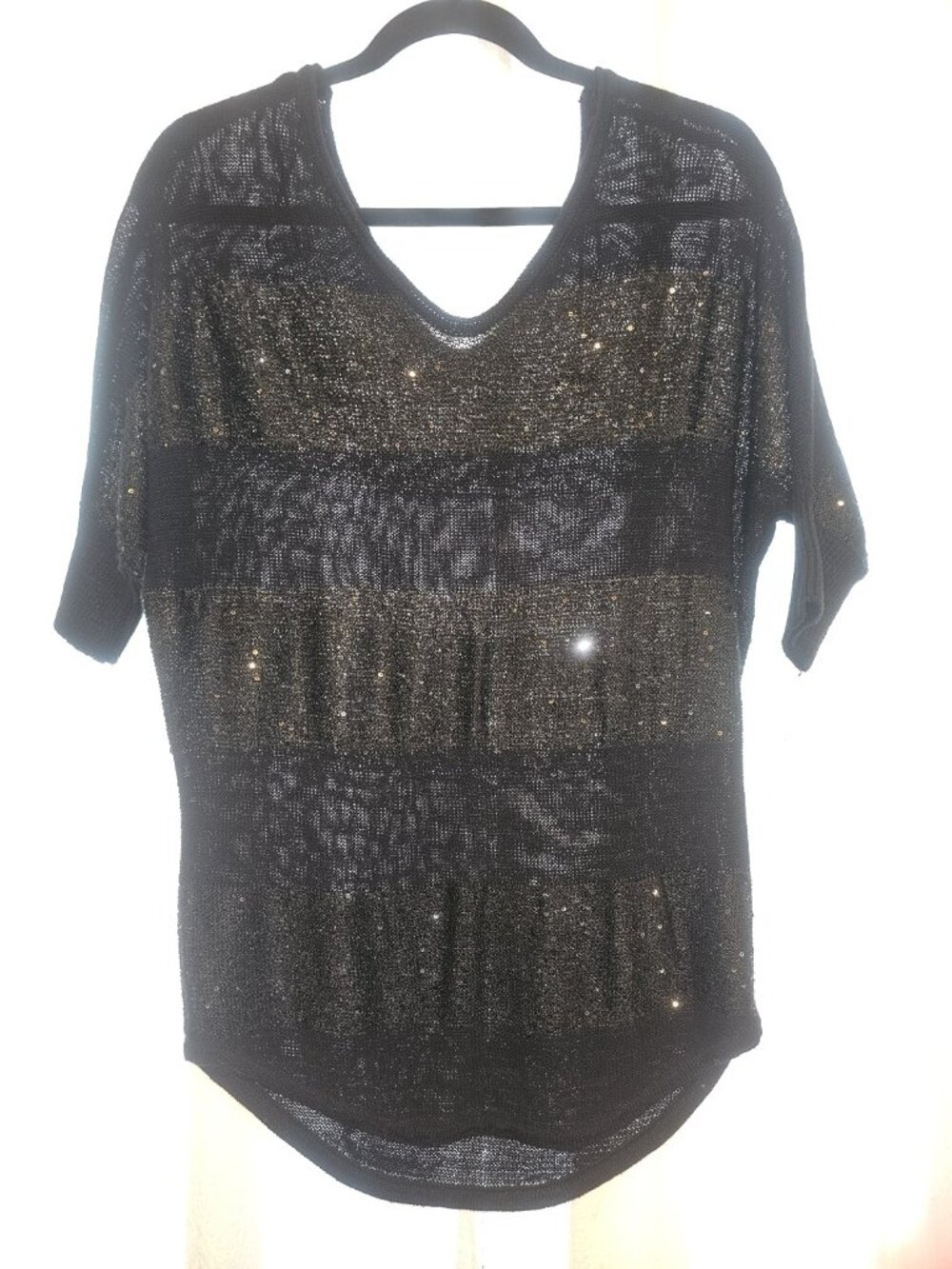 Express Black Metallic Sequin Open Knit V Neck Tunic Top Size S